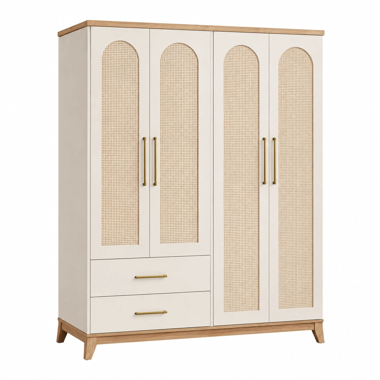 Kleiderschrank mit 4 Türen und Rattan-Geflecht, Beige