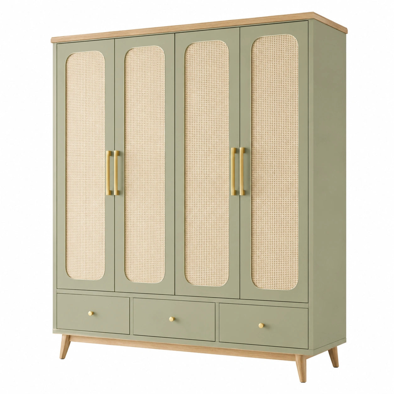 Kleiderschrank mit Rattangeflecht-Türen MDF 200x180x60 cm Grün/Gold