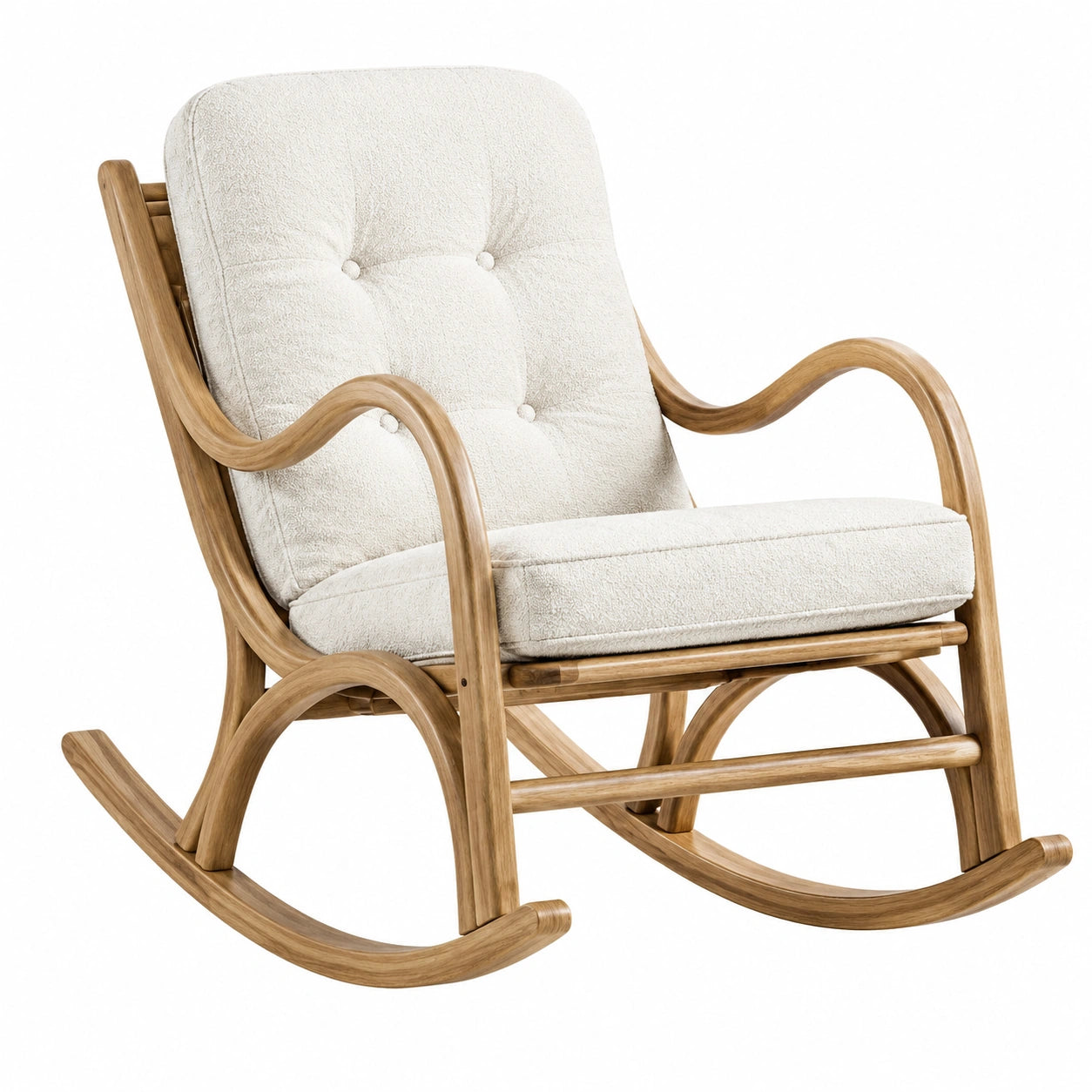 Schaukelstuhl aus Holz mit Bouclé-Stoffpolsterung in Beige