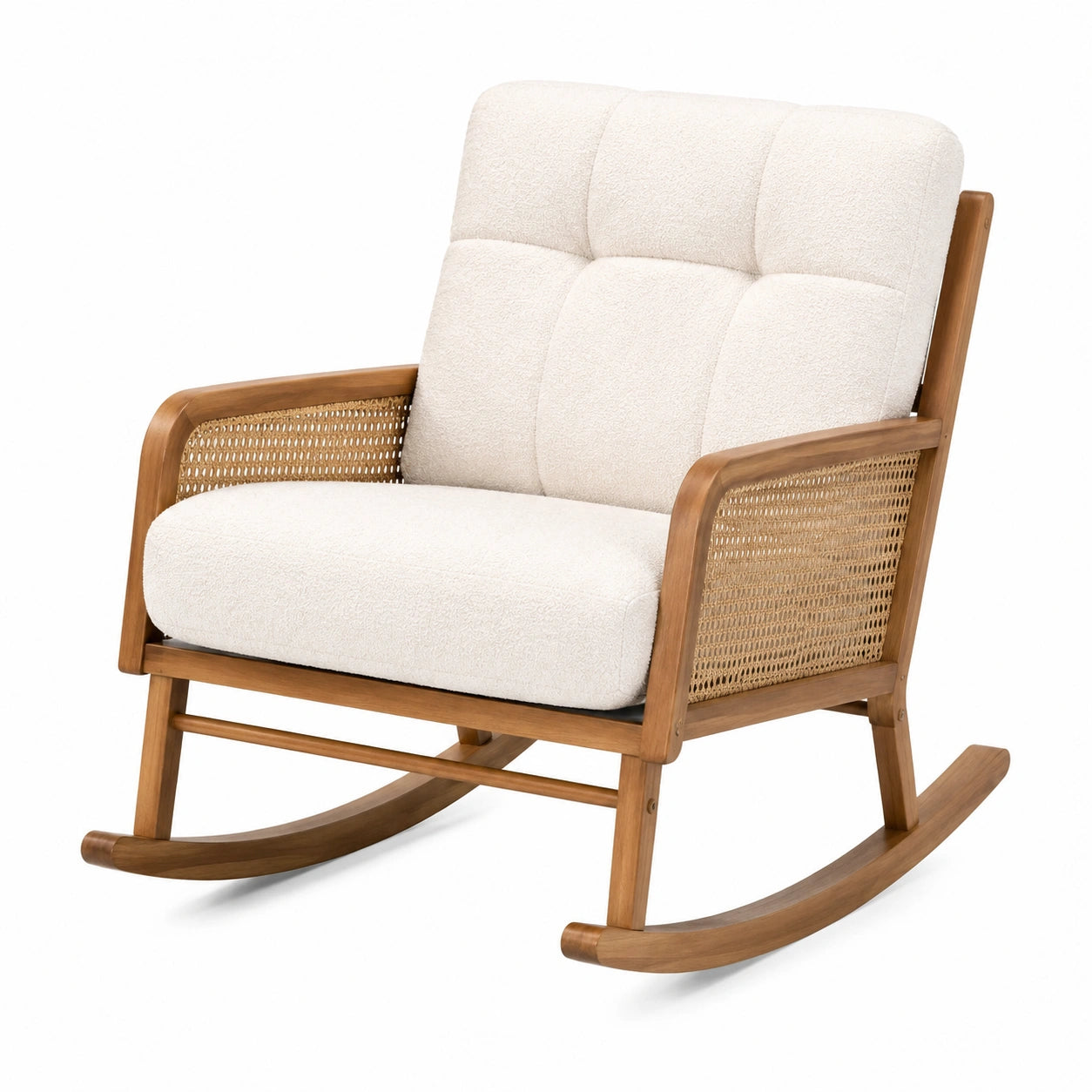 Schaukelstuhl aus Holz und Rattan mit Baumwollpolsterung in Weiß